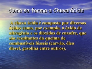 Como se forma a Chuva ácida A chuva ácida é composta por diversos ácidos como, por exemplo, o óxido de nitrogênio e os dióxidos de enxofre, que são resultantes da queima de combustíveis fósseis (carvão, óleo diesel, gasolina entre outros). 