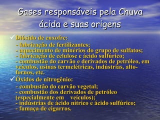 Gases responsáveis pela Chuva ácida e suas origens Dióxido de enxofre: - fabricação de fertilizantes; - aquecimento de minérios do grupo de sulfatos; - fabricação de celulose e ácido sulfúrico; - combustão do carvão e derivados de petróleo, em veículos, usinas termelétricas, indústrias, alto-fornos, etc. Óxidos de nitrogênio: - combustão do carvão vegetal; - combustão dos derivados de petróleo  (especialmente em  veículos); - indústrias de ácido nítrico e ácido sulfúrico; - fumaça de cigarros. 