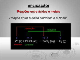 APLICAÇÃO:
     Reações entre ácidos e metais

Reação entre o ácido clorídrico e o zinco:


             OXIDAÇÃO
                             REDUÇÃO



    0         +1 -1      +2 -1         0
    Zn (s) + 2 HCl (aq)  ZnCl2 (aq) + H2 (g)
   Redutor   Oxidante
 