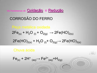 Os Fenômenos de   Oxidação e Redução

  CORROSÃO DO FERRO

    Peça metálica oxidada
    2Fe(s) + H2O (l) + O2(g) → 2Fe(HO)2(s)

    2Fe(HO)2(s) + H2O (l)+ O2(g)→ 2Fe(HO)3(s)

     Chuva ácida

    Fe(s) + 2H+ (aq)→ Fe2+(aq)+H2(g)
 