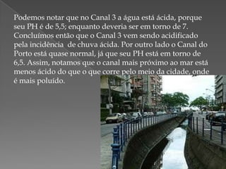 Podemos notar que no Canal 3 a água está ácida, porque
seu PH é de 5,5; enquanto deveria ser em torno de 7.
Concluímos então que o Canal 3 vem sendo acidificado
pela incidência de chuva ácida. Por outro lado o Canal do
Porto está quase normal, já que seu PH está em torno de
6,5. Assim, notamos que o canal mais próximo ao mar está
menos ácido do que o que corre pelo meio da cidade, onde
é mais poluído.

 