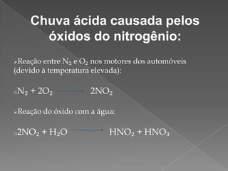 Chuva ácida causada pelos
óxidos do nitrogênio:
Reação

entre N₂ e O₂ nos motores dos automóveis
(devido à temperatura elevada):
oN₂

+ 2O₂

Reação

o2NO₂

2NO₂

do óxido com a água:

+ H₂O

HNO₂ + HNO₃

 