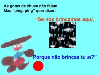 As gotas de chuva não falam
Mas “ping, ping” quer dizer:
Porque não brincas tu aí?”
“Se nós brincamos aqui,
 