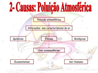 Poluição atmosférica Alterações  nas características do ar Físicas Químicas Biológicas Com consequências Ecossistemas Ser Humano 2- Causas: Poluição Atmosférica 