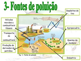 Produção de derivados de petróleo Veículos movidos a combustíveis fósseis Industria Transporte de combustíveis Depósitos de lixo Agropecuária Queima de madeira 3- Fontes de poluição fig. 1- Fontes de poluição 