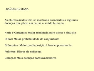 As chuvas ácidas têm-se mostrado associadas a algumas doenças que põem em causa a saúde humana: Nariz e Garganta: Maior tendência para asma e sinusite Olhos: Maior probabilidade de conjuntivite Brônquios: Maior predisposição à broncopneumonia Pulmões: Riscos de enfisema Coração: Mais doenças cardiovasculares SAÚDE HUMANA 