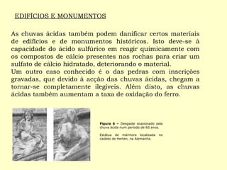 As chuvas ácidas também podem danificar certos materiais de edifícios e de monumentos históricos. Isto deve-se à capacidade do ácido sulfúrico em reagir quimicamente com os compostos de cálcio presentes nas rochas para criar um sulfato de cálcio hidratado, deteriorando o material. Um outro caso conhecido é o das pedras com inscrições gravadas, que devido à acção das chuvas ácidas, chegam a tornar-se completamente ilegíveis. Além disto, as chuvas ácidas também aumentam a taxa de oxidação do ferro. EDIFÍCIOS E MONUMENTOS Figura 6 –  Desgaste ocasionado pela chuva ácida num período de 60 anos. Estátua de mármore localizada no castelo de Herten, na Alemanha. 