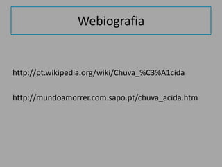 Webiografiahttp://pt.wikipedia.org/wiki/Chuva_%C3%A1cidahttp://mundoamorrer.com.sapo.pt/chuva_acida.htm