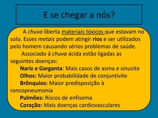 E se chegar a nós?         A chuva liberta materiais tóxicos que estavam no solo. Esses metais podem atingir rios e ser utilizados pelo homem causando sérios problemas de saúde.        Associado à chuva ácida estão ligadas as seguintes doenças: Nariz e Garganta: Mais casos de asma e sinusiteOlhos: Maior probabilidade de conjuntiviteBrônquios: Maior predisposição à roncopneumoniaPulmões: Riscos de enfisemaCoração: Mais doenças cardiovasculares