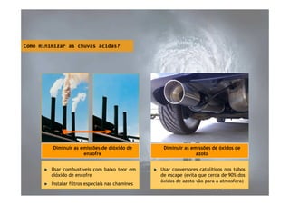 Como minimizar as chuvas ácidas?

Diminuir as emissões de dióxido de
enxofre

Diminuir as emissões de óxidos de
azoto

Usar combustíveis com baixo teor em
dióxido de enxofre

Usar conversores catalíticos nos tubos
de escape (evita que cerca de 90% dos
óxidos de azoto vão para a atmosfera)

Instalar filtros especiais nas chaminés

 