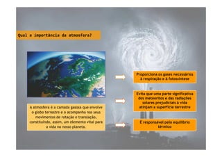 Qual a importância da atmosfera?

Proporciona os gases necessários
à respiração e à fotossíntese

A atmosfera é a camada gasosa que envolve
o globo terrestre e o acompanha nos seus
movimentos de rotação e translação,
constituindo, assim, um elemento vital para
a vida no nosso planeta.

Evita que uma parte significativa
dos meteoritos e das radiações
solares prejudiciais à vida
atinjam a superfície terrestre

É responsável pelo equilíbrio
térmico

 