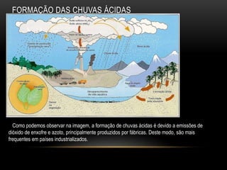 FORMAÇÃO DAS CHUVAS ÁCIDAS
Como podemos observar na imagem, a formação de chuvas ácidas é devido a emissões de
dióxido de enxofre e azoto, principalmente produzidos por fábricas. Deste modo, são mais
frequentes em países industrializados.
 