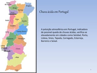 Chuva ácida em Portugal
A poluição atmosférica em Portugal, indicadora
de possível queda de chuvas ácidas, verifica-se
elevadamente em cidades como Setúbal, Porto,
Lisboa, Sines, Tapada, Carregado, Estarreja,
Barreiro e Seixal.
9
 