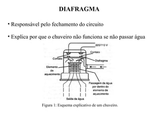 DIAFRAGMA
• Responsável pelo fechamento do circuito
• Explica por que o chuveiro não funciona se não passar água
Figura 1: Esquema explicativo de um chuveiro.
 