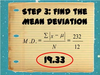 Step 3: Find the
Mean Deviation
M .D .

x

232

N

12

19.33

 