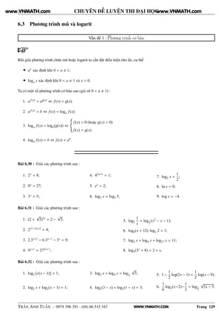WWW.VNMATH.COM
CHUYÊN ĐỀ LUYỆN THI ĐẠI HỌC
6.3 Phương trình mũ và logarit
Vấn đề 1 : Phương trình cơ bản
Khi giải phương trình chứa mũ hoặc logarit ta cần đặt điều kiện cho ẩn, cụ thể
• ax xác định khi 0 < a 1;
• loga x xác định khi 0 < a 1 và x > 0.
Ta có một số phương trình cơ bản sau (giả sử 0 < a 1) :
1. af(x) = ag(x) ⇔ f(x) = g(x).
2. af(x) = b ⇔ f(x) = loga f(x).
3. loga f(x) = loga(g(x)) ⇔
f(x) > 0 (hoặc g(x) > 0)
f(x) = g(x).
4. loga f(x) = b ⇔ f(x) = ab.
Bài 6.30 : Giải các phương trình sau :
1. 2x = 8;
2. 9x = 27;
3. 3x = 5;
4. 42x+1 = 1;
5. ex = 2;
6. log3 x = log3 5;
7. log2 x =
1
2
;
8. ln x = 0;
9. log x = −4.
Bài 6.31 : Giải các phương trình sau :
1. (2 +
√
3)2x = 2 −
√
3;
2. 2x2−3x+2 = 4;
3. 2.3x+1 − 6.3x−1 − 3x = 9;
4. 9x+1 = 272x+1;
5. log2
1
x
= log1
2
(x2 − x − 1);
6. log4(x + 12). logx 2 = 1;
7. log3 x + log9 x + log27 x = 11;
8. log3(3x + 8) = 2 + x.
Bài 6.32 : Giải các phương trình sau :
1. log2 [x(x − 1)] = 1;
2. log2 x + log2(x − 1) = 1;
3. log2 x + log4 x = log1
2
√
3;
4. log2(3 − x) + log2(1 − x) = 3;
5. 1 −
1
2
log(2x − 1) =
1
2
log(x − 9);
6.
1
6
log2(x−2)−
1
3
= log1
8
√
3x − 5.
TRẦN ANH TUẤN - 0974 396 391 - (04) 66 515 343 Trang 129
www.VNMATH.com www.VNMATH.com
 