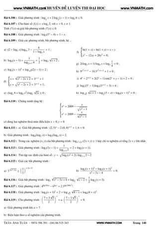 WWW.VNMATH.COM
CHUYÊN ĐỀ LUYỆN THI ĐẠI HỌC
Bài 6.106 : Giải phương trình : log1
2
x + 2 log1
4
(x − 1) + log2 6 ≤ 0.
Bài 6.107 : Cho hàm số f(x) = x logx 2, với x > 0, x 1.
Tính f′(x) và giải bất phương trình f′(x) ≤ 0.
Bài 6.108 : Giải phương trình : log5(5x − 4) = 1 − x.
Bài 6.109 : Giải các phương trình, bất phương trình, hệ ...
a) (2 − log3 x) log9x 3 −
4
1 − log3 x
= 1 ;
b) log4(x − 1) +
1
log2x+1 4
=
1
2
+ log2
√
x + 2 ;
c) log3(x − 1)2 + log√
3(2x − 1) = 2 ;
d)
x +
√
x2 − 2x + 2 = 3y−1 + 1
y + y2 − 2y + 2 = 3x−1 + 1;
e) (logx 8 + log4 x2) log2
√
2x ≥ 0 ;
f)
ln(1 + x) − ln(1 + y) = x − y
x2 − 12xy + 20y2 = 0;
g) 2(log2 x + 1) log4 x + log2
1
4
= 0 ;
h) 9x2+x−1 − 10.3x2+x−2 + 1 = 0 ;
i) 4x − 2x+1 + 2(2x − 1) sin(2x + y − 1) + 2 = 0 ;
j) log3(3x − 1) log3(3x+1 − 3) = 6 ;
k) log√
2
√
x + 1 − log1
2
(3 − x) − log8(x − 1)3 = 0 ;
Bài 6.110 : Chứng minh rằng hệ :
ex = 2009 −
y
y2 − 1
ey = 2009 −
x
√
x2 − 1
có đúng hai nghiệm thoả mãn điều kiện x > 0, y > 0.
Bài 6.111 : a) Giải bất phương trình : (2, 5)x − 2.(0, 4)x+1 + 1, 6 = 0.
b) Giải phương trình : log4(log2 x) + log2(log4 x) = 2.
Bài 6.112 : Trong các nghiệm (x, y) của bất phương trình : logx2+2y2 (2x + y) ≥ 1 hãy chỉ ra nghiệm có tổng 2x + y lớn nhất.
Bài 6.113 : Giải phương trình : log2(3x − 1) +
1
logx+3 2
= 2 + log2(x + 1).
Bài 6.114 : Tìm tập xác định của hàm số : y = log2(x2 + 2). log2−x 2 − 2
Bài 6.115 : Giải các bất phương trình :
a) 3
√
x2−2x ≥
1
3
x−|x−1|
. b)
log2(x + 1)2 − log3(x + 1)3
x2 − 3x − 4
> 0.
Bài 6.116 : Giải bất phương trình : log3
√
x2 − 5x + 6 + log1
3
√
x − 2 >
1
2
log1
3
(x + 3).
Bài 6.117 : Giải phương trình : 4lg(10x) − 6lg x = 2.3lg(100x2).
Bài 6.118 : Giải phương trình : log4(x + 1)2 + 2 = log√
2
√
4 − x + log8(4 + x)3.
Bài 6.119 : Cho phương trình :
7 + 3
√
5
2
x
+ a.
7 − 3
√
5
2
x
= 8.
a) Giải phương trình khi a = 7.
b) Biện luận theo a số nghiệm của phương trình.
TRẦN ANH TUẤN - 0974 396 391 - (04) 66 515 343 Trang 140
www.VNMATH.com www.VNMATH.com
 