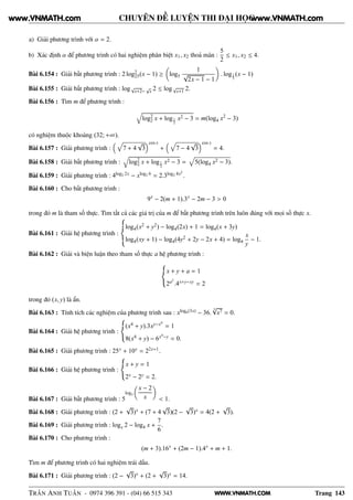 WWW.VNMATH.COM
CHUYÊN ĐỀ LUYỆN THI ĐẠI HỌC
a) Giải phương trình với α = 2.
b) Xác định α để phương trình có hai nghiệm phân biệt x1, x2 thoả mãn :
5
2
≤ x1, x2 ≤ 4.
Bài 6.154 : Giải bất phương trình : 2 log2
25(x − 1) ≥ log5
1
√
2x − 1 − 1
. log1
5
(x − 1)
Bài 6.155 : Giải bất phương trình : log√
x+2−
√
x 2 ≤ log√
x+1 2.
Bài 6.156 : Tìm m để phương trình :
Õ
log2
2 x + log1
2
x2 − 3 = m(log4 x2
− 3)
có nghiệm thuộc khoảng (32; +∞).
Bài 6.157 : Giải phương trình : 7 + 4
√
3
cos x
+ 7 − 4
√
3
cos x
= 4.
Bài 6.158 : Giải bất phương trình :
Õ
log2
2 x + log1
2
x2 − 3 = 5(log4 x2 − 3).
Bài 6.159 : Giải phương trình : 4log2 2x − xlog2 6 = 2.3log2 4x2
.
Bài 6.160 : Cho bất phương trình :
9x
− 2(m + 1).3x
− 2m − 3 > 0
trong đó m là tham số thực. Tìm tất cả các giá trị của m để bất phương trình trên luôn đúng với mọi số thực x.
Bài 6.161 : Giải hệ phương trình :
log4(x2 + y2) − log4(2x) + 1 = log4(x + 3y)
log4(xy + 1) − log4(4y2 + 2y − 2x + 4) = log4
x
y
− 1.
Bài 6.162 : Giải và biện luận theo tham số thực a hệ phương trình :
x + y + a = 1
2a2
.4x+y−xy = 2
trong đó (x, y) là ẩn.
Bài 6.163 : Tính tích các nghiệm của phương trình sau : xlog6(3x) − 36.
5√
x7 = 0.
Bài 6.164 : Giải hệ phương trình :
(x4 + y).3xy−x4
= 1
8(x4 + y) − 6x4−y = 0.
Bài 6.165 : Giải phương trình : 25x + 10x = 22x+1.
Bài 6.166 : Giải hệ phương trình :
x + y = 1
2x − 2y = 2.
Bài 6.167 : Giải bất phương trình : 5
log3
x − 2
x < 1.
Bài 6.168 : Giải phương trình : (2 +
√
3)x + (7 + 4
√
3)(2 −
√
3)x = 4(2 +
√
3).
Bài 6.169 : Giải phương trình : logx 2 − log4 x +
7
6
.
Bài 6.170 : Cho phương trình :
(m + 3).16x
+ (2m − 1).4x
+ m + 1.
Tìm m để phương trình có hai nghiệm trái dấu.
Bài 6.171 : Giải phương trình : (2 −
√
3)x + (2 +
√
3)x = 14.
TRẦN ANH TUẤN - 0974 396 391 - (04) 66 515 343 Trang 143
www.VNMATH.com www.VNMATH.com
 