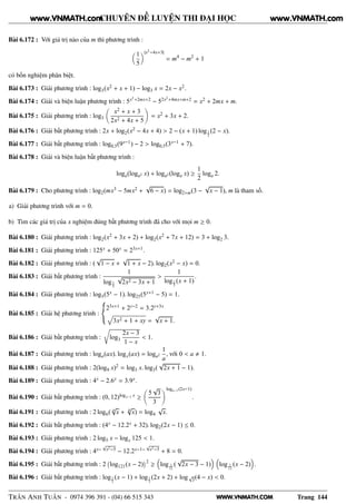 WWW.VNMATH.COM
CHUYÊN ĐỀ LUYỆN THI ĐẠI HỌC
Bài 6.172 : Với giá trị nào của m thì phương trình :
1
5
|x2−4x+3|
= m4
− m2
+ 1
có bốn nghiệm phân biệt.
Bài 6.173 : Giải phương trình : log3(x2 + x + 1) − log3 x = 2x − x2.
Bài 6.174 : Giải và biện luận phương trình : 5x2+2mx+2 − 52x2+4mx+m+2 = x2 + 2mx + m.
Bài 6.175 : Giải phương trình : log3
x2 + x + 3
2x2 + 4x + 5
= x2 + 3x + 2.
Bài 6.176 : Giải bất phương trình : 2x + log2(x2 − 4x + 4) > 2 − (x + 1) log1
2
(2 − x).
Bài 6.177 : Giải bất phương trình : log0,5(9x−1) − 2 > log0,5(3x−1 + 7).
Bài 6.178 : Giải và biện luận bất phương trình :
loga(loga2 x) + loga2 (loga x) ≥
1
2
loga 2.
Bài 6.179 : Cho phương trình : log2(mx3 − 5mx2 +
√
6 − x) = log2+m(3 −
√
x − 1), m là tham số.
a) Giải phương trình với m = 0.
b) Tìm các giá trị của x nghiệm đúng bất phương trình đã cho với mọi m ≥ 0.
Bài 6.180 : Giải phương trình : log2(x2 + 3x + 2) + log2(x2 + 7x + 12) = 3 + log2 3.
Bài 6.181 : Giải phương trình : 125x + 50x = 23x+1.
Bài 6.182 : Giải phương trình : (
√
1 − x +
√
1 + x − 2). log2(x2 − x) = 0.
Bài 6.183 : Giải bất phương trình :
1
log1
3
√
2x2 − 3x + 1
>
1
log1
3
(x + 1)
.
Bài 6.184 : Giải phương trình : log5(5x − 1). log25(5x+1 − 5) = 1.
Bài 6.185 : Giải hệ phương trình :
23x+1 + 2y−2 = 3.2y+3x
3x2 + 1 + xy =
√
x + 1.
Bài 6.186 : Giải bất phương trình :
Ö
log3
2x − 3
1 − x
< 1.
Bài 6.187 : Giải phương trình : loga(ax). logx(ax) = loga2
1
a
, với 0 < a 1.
Bài 6.188 : Giải phương trình : 2(log9 x)2 = log3 x. log3(
√
2x + 1 − 1).
Bài 6.189 : Giải phương trình : 4x − 2.6x = 3.9x.
Bài 6.190 : Giải bất phương trình : (0, 12)logx−1 x ≥
5
√
3
3
logx−1(2x−1)
.
Bài 6.191 : Giải phương trình : 2 log6( 4
√
x + 8
√
x) = log4
√
x.
Bài 6.192 : Giải bất phương trình : (4x − 12.2x + 32). log2(2x − 1) ≤ 0.
Bài 6.193 : Giải phương trình : 2 log5 x − logx 125 < 1.
Bài 6.194 : Giải phương trình : 4x−
√
x2−5 − 12.2x−1−
√
x2−5 + 8 = 0.
Bài 6.195 : Giải bất phương trình : 2
 
log121(x − 2)
¡2
≥ log 1
11
(
√
2x − 3 − 1) log 1
11
(x − 2) .
Bài 6.196 : Giải bất phương trình : log1
3
(x − 1) + log1
3
(2x + 2) + log√
3(4 − x) < 0.
TRẦN ANH TUẤN - 0974 396 391 - (04) 66 515 343 Trang 144
www.VNMATH.com www.VNMATH.com
 