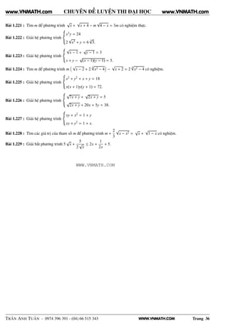 WWW.VNMATH.COM
CHUYÊN ĐỀ LUYỆN THI ĐẠI HỌC
Bài 1.221 : Tìm m để phương trình
√
x +
√
x + 4 − m
√
4 − x = 3m có nghiệm thực.
Bài 1.222 : Giải hệ phương trình
x3y = 24
2
√
x3 + y = 6
3√
3.
Bài 1.223 : Giải hệ phương trình
√
x − 1 +
√
y − 1 = 3
x + y −
√
(x − 1)(y − 1) = 5.
Bài 1.224 : Tìm m để phương trình m
√
x − 2 + 2
4√
x2 − 4 −
√
x + 2 = 2
4√
x2 − 4 có nghiệm.
Bài 1.225 : Giải hệ phương trình
x2 + y2 + x + y = 18
x(x + 1)y(y + 1) = 72.
Bài 1.226 : Giải hệ phương trình
√
7x + y +
√
2x + y = 5
√
2x + y + 20x + 5y = 38.
Bài 1.227 : Giải hệ phương trình
xy + x2 = 1 + y
xy + y2 = 1 + x.
Bài 1.228 : Tìm các giá trị của tham số m để phương trình m +
2
3
√
x − x2 =
√
x +
√
1 − x có nghiệm.
Bài 1.229 : Giải bất phương trình 5
√
x +
5
2
√
x
≤ 2x +
1
2x
+ 5.
TRẦN ANH TUẤN - 0974 396 391 - (04) 66 515 343 Trang 36
www.VNMATH.com www.VNMATH.com
WWW.VNMATH.COM
 