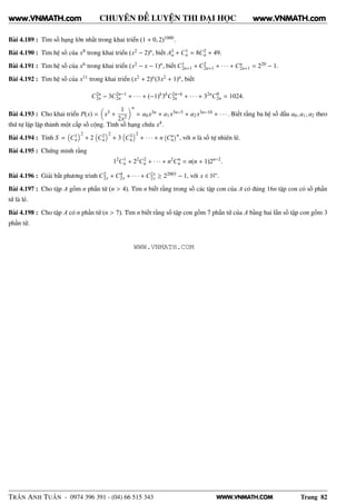 WWW.VNMATH.COM
CHUYÊN ĐỀ LUYỆN THI ĐẠI HỌC
Bài 4.189 : Tìm số hạng lớn nhất trong khai triển (1 + 0, 2)1000.
Bài 4.190 : Tìm hệ số của x8 trong khai triển (x2 − 2)n, biết A3
n + C1
n = 8C2
n + 49.
Bài 4.191 : Tìm hệ số của x6 trong khai triển (x2 − x − 1)n, biết C1
2n+1 + C2
2n+1 + · · · + Cn
2n+1 = 220 − 1.
Bài 4.192 : Tìm hệ số của x11 trong khai triển (x2 + 2)n(3x2 + 1)n, biết
C2n
2n − 3C2n−1
2n + · · · + (−1)k
3k
C2n−k
2n + · · · + 32n
C0
2n = 1024.
Bài 4.193 : Cho khai triển P(x) = x3 +
1
2x2
n
= a0x3n + a1x3n−5 + a2x3n−10 + · · · . Biết rằng ba hệ số đầu a0, a1, a2 theo
thứ tự lập lập thành một cấp số cộng. Tính số hạng chứa x4.
Bài 4.194 : Tính S = C1
n
2
+ 2 C2
n
2
+ 3 C3
n
2
+ · · · + n
 
Cn
n
¡n
, với n là số tự nhiên lẻ.
Bài 4.195 : Chứng minh rằng
12
C1
n + 22
C2
n + · · · + n2
Cn
n = n(n + 1)2n−2
.
Bài 4.196 : Giải bất phương trình C2
2x + C4
2x + · · · + C2x
2x ≥ 22003 − 1, với x ∈ N∗.
Bài 4.197 : Cho tập A gồm n phần từ (n > 4). Tìm n biết rằng trong số các tập con của A có đúng 16n tập con có số phần
tử là lẻ.
Bài 4.198 : Cho tập A có n phần tử (n > 7). Tìm n biết rằng số tập con gồm 7 phần tử của A bằng hai lần số tập con gồm 3
phần tử.
TRẦN ANH TUẤN - 0974 396 391 - (04) 66 515 343 Trang 82
www.VNMATH.com www.VNMATH.com
WWW.VNMATH.COM
 