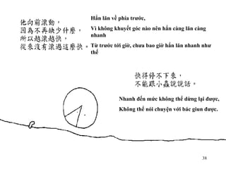Hắn lăn về phía trước, Vì không khuyết góc nào nên hắn càng lăn càng nhanh Từ trước tới giờ, chưa bao giờ hắn lăn nhanh như thế Nhanh đến mức không thể dừng lại được, Không thể nói chuyện với bác giun được. 