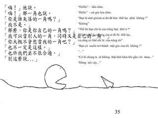 35
“Helllo” - hắn chào.
“Hello” - cái góc kia chào.
“Bạn là một gócmà ai đó đã làm thất lạc phải không ?”
“Không”
“Thế thì bạn chỉ là của riêng bạn thôi à ?”
“Tôi có thể là cái góc của ai đó bị thất lạc,
và cũng có lthể chỉ là của riêng tôi”.
“Bạn có muốn trở thành một góc của tôi không ?”
“…”
“Có lẽ chúng ta sẽ không thật khít khai khi gắn với nhau...”
“Đừng nói vậy...”
 