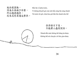 38
Hắn lăn về phía trước,
Vì không khuyết góc nào nên hắn càng lăn càng nhanh
Từ trước tới giờ, chưa bao giờ hắn lăn nhanh như thế
Nhanh đến mức không thể dừng lại được,
Không thể nói chuyện với bác giun được.
 