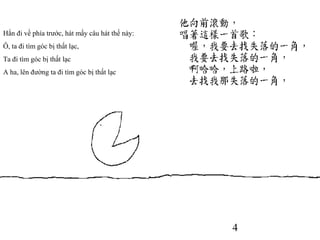 4
Hắn đi về phía trước, hát mấy câu hát thế này:
Ô, ta đi tìm góc bị thất lạc,
Ta đi tìm góc bị thất lạc
A ha, lên đường ta đi tìm góc bị thất lạc
 