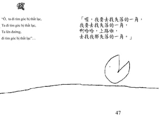 47
“Ô, ta đi tìm góc bị thất lạc,
Ta đi tìm góc bị thất lạc,
Ta lên đường,
đi tìm góc bị thất lạc”…
 