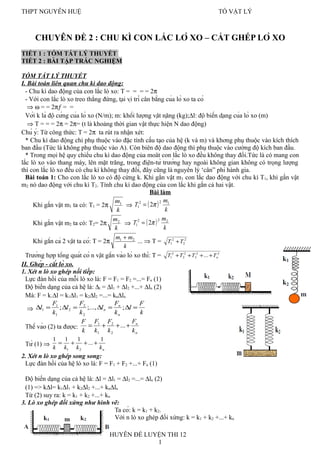 THPT NGUYỄN HUỆ TỔ VẬT LÝ
CHUYÊN ĐỀ 2 : CHU KÌ CON LẮC LÒ XO – CẮT GHÉP LÒ XO
TIẾT 1 : TÓM TẮT LÝ THUYẾT
TIẾT 2 : BÀI TẬP TRẮC NGHIỆM
TÓM TẮT LÝ THUYẾT
I. Bài toán liên quan chu kì dao động:
- Chu kì dao động của con lắc lò xo: T = = = = 2π
- Với con lắc lò xo treo thẳng đứng, tại vị trí cân bằng của lò xo ta có
⇒ ω = = 2πƒ = =
Với k là độ cứng của lò xo (N/m); m: khối lượng vật nặng (kg);∆l: độ biến dạng của lò xo (m)
⇒ T = = = 2π = 2π= (t là khoảng thời gian vật thực hiện N dao động)
Chú ý: Từ công thức: T = 2π ta rút ra nhận xét:
* Chu kì dao động chỉ phụ thuộc vào đặc tính cấu tạo của hệ (k và m) và khơng phụ thuộc vào kích thích
ban đầu (Tức là không phụ thuộc vào A). Còn biên độ dao động thì phụ thuộc vào cường độ kích ban đầu.
* Trong mọi hệ quy chiếu chu kì dao động của moät con lắc lò xo đều không thay đổi.Tức là có mang con
lắc lò xo vào thang máy, lên mặt trăng, trong điện-từ trường hay ngoài không gian không có trọng lượng
thì con lắc lò xo đều có chu kì không thay đổi, đây cũng là nguyên lý ‘cân” phi hành gia.
Bài toán 1: Cho con lắc lò xo có độ cứng k. Khi gắn vật m1 con lắc dao động với chu kì T1, khi gắn vật
m2 nó dao động với chu kì T2. Tính chu kì dao động của con lắc khi gắn cả hai vật.
Bài làm
Khi gắn vật m1 ta có: T1 = 2π
k
m1
⇒ ( )
k
m
T 122
1 2π=
Khi gắn vật m2 ta có: T2= 2π
k
m2
⇒ ( )
k
m
T 222
1 2π=
Khi gắn cả 2 vật ta có: T = 2π
k
mm 21 +
... ⇒ T = 2
2
2
1 TT +
Trường hợp tổng quát có n vật gắn vào lò xo thì: T = 22
3
2
2
2
1 ... nTTTT ++++
II. Ghép - cắt lò xo.
1. Xét n lò xo ghép nối tiếp:
Lực đàn hồi của mỗi lò xo là: F = F1 = F2 =...= Fn (1)
Độ biến dạng của cả hệ là: ∆l = ∆l1 + ∆l2 +...+ ∆ln (2)
Mà: F = k.∆l = k1∆l1 = k2∆l2 =...= kn∆ln
⇒
k
F
l
k
F
l
k
F
l
k
F
l
n
n
n =∆=∆=∆=∆ ;;...,;
2
2
2
1
1
1
Thế vào (2) ta được:
n
n
k
F
k
F
k
F
k
F
+++= ...
2
2
1
1
Từ (1) ⇒
nkkkk
1
...
111
21
+++=
2. Xét n lò xo ghép song song:
Lực đàn hồi của hệ lò xo là: F = F1 + F2 +...+ Fn (1)
Độ biến dạng của cả hệ là: ∆l = ∆l1 = ∆l2 =...= ∆ln (2)
(1) => k∆l= k1∆l1 + k2∆l2 +...+ kn∆ln
Từ (2) suy ra: k = k1 + k2 +...+ kn
3. Lò xo ghép đối xứng như hình vẽ:
Ta có: k = k1 + k2.
Với n lò xo ghép đối xứng: k = k1 + k2 +...+ kn
CHUYÊN ĐỀ LUYỆN THI 12
1
 