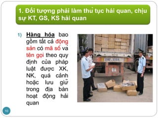 1. Đối tượng phải làm thủ tục hải quan, chịu
sự KT, GS, KS hải quan
1) Hàng hóa bao
gồm tất cả động
sản có mã số và
tên gọi theo quy
định của pháp
luật được XK,
NK, quá cảnh
hoặc lưu giữ
trong địa bàn
hoạt động hải
quan
10
 
