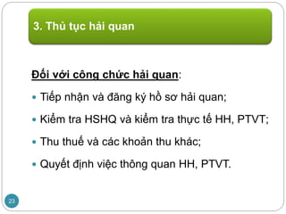 Đối với công chức hải quan:
 Tiếp nhận và đăng ký hồ sơ hải quan;
 Kiểm tra HSHQ và kiểm tra thực tế HH, PTVT;
 Thu thuế và các khoản thu khác;
 Quyết định việc thông quan HH, PTVT.
3. Thủ tục hải quan
23
 