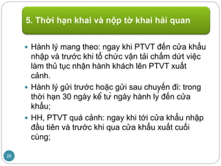  Hành lý mang theo: ngay khi PTVT đến cửa khẩu
nhập và trước khi tổ chức vận tải chấm dứt việc
làm thủ tục nhận hành khách lên PTVT xuất
cảnh.
 Hành lý gửi trước hoặc gửi sau chuyến đi: trong
thời hạn 30 ngày kể từ ngày hành lý đến cửa
khẩu;
 HH, PTVT quá cảnh: ngay khi tới cửa khẩu nhập
đầu tiên và trước khi qua cửa khẩu xuất cuối
cùng;
5. Thời hạn khai và nộp tờ khai hải quan
26
 