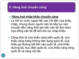  Hàng hoá nhập khẩu chuyển cảng
 Là HH từ nước ngoài NK vào VN đến cửa khẩu
nhập, nhưng được người vận tải tiếp tục vận
chuyển đến cảng đích ghi trên vận tải đơn theo
hợp đồng vận tải để làm thủ tục nhập khẩu.
 Cảng đích là cửa khẩu cảng biển quốc tế, cửa
khẩu cảng hàng không dân dụng quốc tế, cửa
khẩu ga đường sắt liên vận quốc tế, cửa khẩu
đường bộ, bưu điện quốc tế, cửa khẩu cảng sông
quốc tế và cảng nội địa.
57
 
