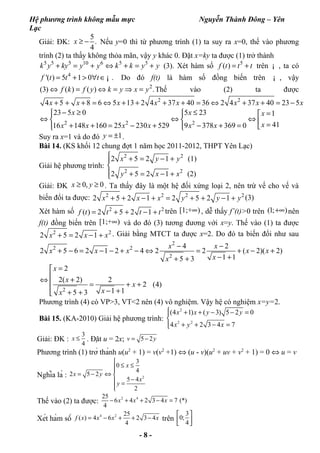 Hệ phương trình không mẫu mực Nguyễn Thành Đông – Yên
Lạc
Giải: ĐK:
5
.
4
x ≥ − Nếu y=0 thì từ phương trình (1) ta suy ra ...