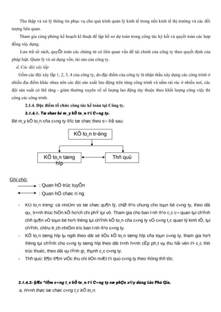 Thu thập và xử lý thông tin phục vụ cho quá trình quản lý kinh tế trong nền kinh tế thị trường và các đối
tượng liên quan.
Tham gia cùng phòng kế hoạch kĩ thuật để lập hồ sơ dự toán trong công tác ký kết và quyết toán các hợp
đồng xây dựng.
Lưu trữ sổ sách, quyÕt toán các chứng từ có liên quan vấn đề tài chính của công ty theo quyết định của
pháp luật. Quản lý và sử dụng vốn, tài sản của công ty.
d, Các đội xây lắp
Gồm các đội xây lắp 1, 2, 3, 4 của công ty, do đặc điểm của công ty là nhận thầu xây dựng các công trình ở
nhiều địa điểm khác nhau nên các đội sản xuất lưu động trên từng công trình và nằm rải rác ở nhiều nơi, các
đội sản xuất có thể tăng - giảm thường xuyên về số lượng lao động tùy thuộc theo khối lượng công việc thi
công các công trình.
2.1.4. Đặc điểm tổ chức công tác kế toán tại Công ty.
2.1.4.1. Tæ chøc bé m¸y kÕ to¸n t¹i C«ng ty.
Bé m¸y kÕ to¸n cña c«ng ty ®îc tæ chøc theo s¬ ®å sau:
- KÕ to¸n trëng: cã nhiÖm vô tæ chøc qu¶n lý, chØ ®¹o chung cho toµn bé c«ng ty, theo dâi
qu¸ tr×nh thùc hiÖn kÕ ho¹ch chi phÝ tµi vô. Tham gia cho ban l·nh ®¹o c¸c c¬ quan tµi chÝnh
chñ qu¶n vÒ toµn bé ho¹t ®éng tµi chÝnh kÕ to¸n cña c«ng ty vÒ c«ng t¸c quan lý kinh tÕ, tµi
chÝnh, chÞu tr¸ch nhiÖm tríc ban l·nh ®¹o c«ng ty.
- KÕ to¸n tæng hîp lµ ngêi theo dâi sè liÖu kÕ to¸n tæng hîp cña toµn c«ng ty, tham gia ho¹t
®éng tµi chÝnh cho c«ng ty tæng hîp theo dâi t×nh h×nh cÊp ph¸t vµ thu håi vèn t¹i c¸c ®éi
trùc thuéc, theo dâi vµ tÝnh gi¸ thµnh c¸c c«ng ty.
- Thñ quü: B¶o ®¶m viÖc thu chi tiÒn mÆt t¹i quü c«ng ty theo ®óng thñ tôc.
2.1.4.2: §Æc ®iÓm c«ng t¸c kÕ to¸n t¹i C«ng ty cæ phÇn x©y dùng Lôc Phó Gia.
a, H×nh thøc tæ chøc c«ng t¸c kÕ to¸n.
KÕ to¸n tr­ëng
KÕ to¸n tæng
hîp
Thñ quü
Ghi chó:
: Quan hÖ trùc tuyÕn
: Quan hÖ chøc n¨ng
 