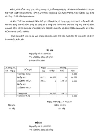 KÕ to¸n chi tiÕt ë c«ng ty sö dông ph¬ng ph¸p thÎ song song vµ cã mét sè ®iÒu chØnh cho phï
hîp víi ch¬ng tr×nh qu¶n lý vËt t trªn m¸y vi tÝnh. Néi dung, tiÕn hµnh h¹ch to¸n chi tiÕt vËt liÖu c«ng
cô dông cô ®îc tiÕn hµnh nh sau:
- ë kho: Thñ kho sö dông thÎ kho ®Ó ghi chÐp ph¶n ¸nh hµng ngµy t×nh h×nh nhËp xuÊt, tån
kho cña tõng thø vËt liÖu, c«ng cô dông cô ë tõng kho. Theo chØ tiªu khèi lîng mçi thø vËt liÖu,
c«ng cô dông cô ®îc theo dâi trªn mét thÎ kho ®Ó tiÖn cho viÖc sö dông thÎ kho trong viÖc ghi chÐp,
kiÓm tra ®èi chiÕu sè liÖu.
Cuèi th¸ng thñ kho c¨n cø vµo chøng tõ nhËp, xuÊt ®Ó tiÕn hµnh lËp thÎ kho ph¶n ¸nh t×nh
h×nh nhËp, xuÊt, tån.
thÎ kho
Ngµy lËp thÎ: 01/11/2010
Tªn vËt liÖu, dông cô: g¹ch
§¬n vÞ tÝnh: viªn
Chøng tõ
DiÔn gi¶i
Ngµy
NK
Sè lîng
Sè Ngµy NhËp XuÊt Tån
Tån ®Çu th¸ng
NhËp kho
XuÊt kho TCCT
NhËp kho
XuÊt kho TCCT
01/11
30/11
14.672
0
0
14.672
3.000
14.672
3.000
Tæng SPS 14.672 14.672
Tån cuèi th¸ng 3.000
Ngµy 30 th¸ng 11 n¨m 2010
Thñ kho KÕ to¸n trëng
(®· kÝ) (®· kÝ)
thÎ kho
Ngµy lËp thÎ: 01/11/2010
Tªn vËt liÖu, dông cô: xÎng
 