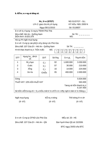 b. KÕ to¸n c«ng cô dông cô.
Ho¸ ®¬n (GTGT) MS 01/GTGT - 3LL
Liªn 2: giao cho kh¸ch hµng KÝ hiÖu: NB1 2009 N
Ngµy 06/11/2010 Sè: 0118837
§¬n vÞ b¸n hµng: C«ng ty TNHH Phó Thä
§Þa chØ: Héi An - Qu¶ng Nam Sè TK: _ _ _ _ _ _
§iÖn tho¹i: 8.625.379 MS:
Hä vµ tªn ngêi mua hµng:
§¬n vÞ: C«ng ty cæ phÇn x©y dùng Lôc Phó Gia
§Þa chØ: 107 Cöa §¹i - Héi An - Qu¶ng Nam Sè TK: _ _ _ _ _ _
H×nh thøc thanh to¸n: TiÒn mÆt MS
STT
Hµng ho¸, dÞch
vô
§VT Sè lîng §¬n gi¸ Thµnh tiÒn
1
2
3
4
M¸y bµo
Cuèc
XÎng
Xe rïa
C¸i
C¸i
C¸i
ChiÕc
02
07
16
05
1.600.000
30.000
14.000
400.000
3.200.000
210.000
224.000
2.000.000
Céng 5.634.000
ThuÕ VAT: 10% tiÒn thuÕ VAT 563.400
Tæng sè tiÒn thanh to¸n
6.197.400
Sè tiÒn viÕt b»ng ch÷: S¸u triÖu mét tr¨m chÝn m¬i b¶y ngh×n bèn tr¨m ®ång y.
Ngêi mua hµng KÕ to¸n trëng Thñ trëng ®¬n vÞ
(®· kÝ) (®· kÝ) (®· kÝ)
§¬n vÞ: C«ng ty CPXD Lôc Phó Gia MÉu sè: 20 - H§
§Þa chØ: 107 Cöa §¹i - Héi An - QN Ban hµnh theo Q§ sè 15/2006
BTC ngµy 20/03 cña BTC
0 40 0 4 5 64
 
