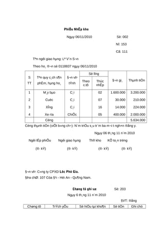 PhiÕu NhËp kho
Ngµy 06/11/2010 Sè: 002
Nî: 153
Cã: 111
Tªn ngêi giao hµng: Lª V¨n S¬n
Theo ho¸ ®¬n sè 0118837 ngµy 06/11/2010
S
TT
Tªn quy c¸ch s¶n
phÈm, hµng ho¸
§¬n vÞ
tÝnh
Sè lîng
§¬n gi¸ Thµnh tiÒnTheo
c.tõ
Thùc
nhËp
1
2
3
4
M¸y bµo
Cuèc
XÎng
Xe rïa
C¸i
C¸i
C¸i
ChiÕc
02
07
16
05
1.600.000
30.000
14.000
400.000
3.200.000
210.000
224.000
2.000.000
Céng 5.634.000
Céng thµnh tiÒn (viÕt b»ng ch÷): N¨m triÖu s¸u tr¨m ba m¬i t ngh×n ®ång y.
Ngµy 06 th¸ng 11 n¨m 2010
Ngêi lËp phiÕu Ngêi giao hµng Thñ kho KÕ to¸n trëng
(®· kÝ) (®· kÝ) (®· kÝ) (®· kÝ)
§¬n vÞ: C«ng ty CPXD Lôc Phó Gia.
§Þa chØ: 107 Cöa §¹i - Héi An - Qu¶ng Nam.
Chøng tõ ghi sæ Sè: 203
Ngµy 6 th¸ng 11 n¨m 2010
§VT: ®ång
Chøng tõ TrÝch yÕu Sè hiÖu tµi kho¶n Sè tiÒn Ghi chó
 