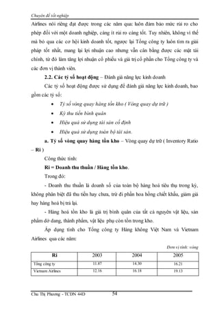 Chuyên đề tốt nghiệp
Chu Thị Phương - TCDN 44D 54
Airlines nói riêng đạt được trong các năm qua: luôn đảm bảo mức rủi ro cho
phép đối với một doanh nghiệp, càng ít rủi ro càng tốt. Tuy nhiên, không vì thế
mà bỏ qua các cơ hội kinh doanh tốt, ngược lại Tổng công ty luôn tìm ra giải
pháp tốt nhất, mang lại lợi nhuận cao nhưng vẫn cân bằng được các mặt tài
chính, từ đó làm tăng lợi nhuận cổ phiếu và giá trị cổ phần cho Tổng công ty và
các đơn vị thành viên.
2.2. Các tỷ số hoạt động – Đánh giá năng lực kinh doanh
Các tỷ số hoạt động được sử dụng để đánh giá năng lực kinh doanh, bao
gồm các tỷ số:
 Tỷ số vòng quay hàng tồn kho ( Vòng quay dự trữ )
 Kỳ thu tiền bình quân
 Hiệu quả sử dụng tài sản cố định
 Hiệu quả sử dụng toàn bộ tài sản.
a. Tỷ số vòng quay hàng tồn kho – Vòng quay dự trữ ( Inventory Ratio
– Ri )
Công thức tính:
Ri = Doanh thu thuần / Hàng tồn kho.
Trong đó:
- Doanh thu thuần là doanh số của toàn bộ hàng hoá tiêu thụ trong kỳ,
không phân biệt đã thu tiền hay chưa, trừ đi phần hoa hồng chiết khấu, giảm giá
hay hàng hoá bị trả lại.
- Hàng hoá tồn kho là giá trị bình quân của tất cả nguyên vật liệu, sản
phẩm dở dang, thành phẩm, vật liệu phụ còn tồn trong kho.
Áp dụng tính cho Tổng công ty Hàng không Việt Nam và Vietnam
Airlines qua các năm:
Đơn vị tính: vòng
Ri 2003 2004 2005
Tổng công ty 11.87 14.30 16.21
Vietnam Airlines 12.16 16.18 19.13
 