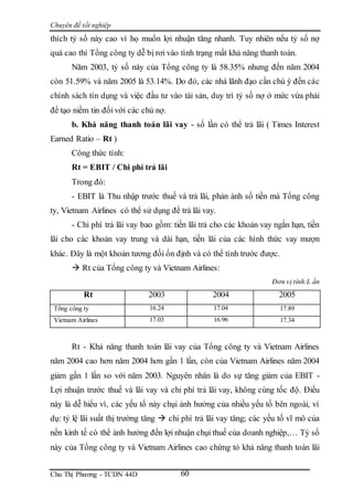 Chuyên đề tốt nghiệp
Chu Thị Phương - TCDN 44D 60
thích tỷ số này cao vì họ muốn lợi nhuận tăng nhanh. Tuy nhiên nếu tỷ số nợ
quá cao thì Tổng công ty dễ bị rơi vào tình trạng mất khả năng thanh toán.
Năm 2003, tỷ số này của Tổng công ty là 58.35% nhưng đến năm 2004
còn 51.59% và năm 2005 là 53.14%. Do đó, các nhà lãnh đạo cần chú ý đến các
chính sách tín dụng và việc đầu tư vào tài sản, duy trì tỷ số nợ ở mức vừa phải
để tạo niềm tin đối với các chủ nợ.
b. Khả năng thanh toán lãi vay - số lần có thể trả lãi ( Times Interest
Earned Ratio – Rt )
Công thức tính:
Rt = EBIT / Chi phí trả lãi
Trong đó:
- EBIT là Thu nhập trước thuế và trả lãi, phản ánh số tiền mà Tổng công
ty, Vietnam Airlines có thể sử dụng để trả lãi vay.
- Chi phí trả lãi vay bao gồm: tiền lãi trả cho các khoản vay ngắn hạn, tiền
lãi cho các khoản vay trung và dài hạn, tiền lãi của các hình thức vay mượn
khác. Đây là một khoản tương đối ổn định và có thể tính trước được.
 Rt của Tổng công ty và Vietnam Airlines:
Đơn vị tính:L ần
Rt 2003 2004 2005
Tổng công ty 16.24 17.04 17.89
Vietnam Airlines 17.03 16.96 17.34
Rt - Khả năng thanh toán lãi vay của Tổng công ty và Vietnam Airlines
năm 2004 cao hơn năm 2004 hơn gần 1 lần, còn của Vietnam Airlines năm 2004
giảm gần 1 lần so với năm 2003. Nguyên nhân là do sự tăng giảm của EBIT -
Lợi nhuận trước thuế và lãi vay và chi phí trả lãi vay, không cùng tốc độ. Điều
này là dễ hiểu vì, các yếu tố này chụi ảnh hưởng của nhiều yếu tố bên ngoài, ví
dụ: tỷ lệ lãi suất thị trường tăng  chi phí trả lãi vay tăng; các yếu tố vĩ mô của
nền kinh tế có thể ảnh hưởng đến lợi nhuận chụi thuế của doanh nghiệp,… Tỷ số
này của Tổng công ty và Vietnam Airlines cao chứng tỏ khả năng thanh toán lãi
 