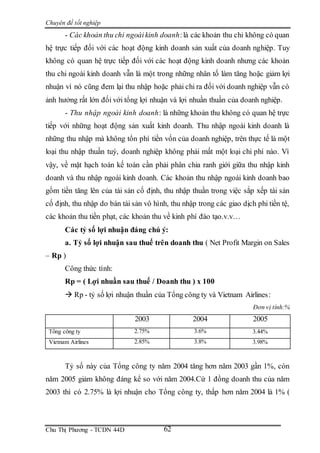 Chuyên đề tốt nghiệp
Chu Thị Phương - TCDN 44D 62
- Các khoản thu chi ngoàikinh doanh:là các khoản thu chi không có quan
hệ trực tiếp đối với các hoạt động kinh doanh sản xuất của doanh nghiệp. Tuy
không có quan hệ trực tiếp đối với các hoạt động kinh doanh nhưng các khoản
thu chi ngoài kinh doanh vẫn là một trong những nhân tố làm tăng hoặc giảm lợi
nhuận vì nó cũng đem lại thu nhập hoặc phải chi ra đối với doanh nghiệp vẫn có
ảnh hưởng rất lớn đối với tổng lợi nhuận và lợi nhuần thuần của doanh nghiệp.
- Thu nhập ngoài kinh doanh: là những khoản thu không có quan hệ trực
tiếp với những hoạt động sản xuất kinh doanh. Thu nhập ngoài kinh doanh là
những thu nhập mà không tổn phí tiền vốn của doanh nghiệp, trên thực tế là một
loại thu nhập thuần tuý, doanh nghiệp không phải mất một loại chi phí nào. Vì
vậy, về mặt hạch toán kế toán cần phải phân chia ranh giới giữa thu nhập kinh
doanh và thu nhập ngoài kinh doanh. Các khoản thu nhập ngoài kinh doanh bao
gồm tiền tăng lên của tài sản cố định, thu nhập thuần trong việc sắp xếp tài sản
cố định, thu nhập do bán tài sản vô hình, thu nhập trong các giao dịch phi tiền tệ,
các khoản thu tiền phạt, các khoản thu về kinh phí đào tạo.v.v…
Các tỷ số lợi nhuận đáng chú ý:
a. Tỷ số lợi nhuận sau thuế trên doanh thu ( Net Profit Margin on Sales
– Rp )
Công thức tính:
Rp = ( Lợi nhuần sau thuế / Doanh thu ) x 100
 Rp - tỷ số lợi nhuận thuần của Tổng công ty và Vietnam Airlines:
Đơn vị tính:%
2003 2004 2005
Tổng công ty 2.75% 3.6% 3.44%
Vietnam Airlines 2.85% 3.8% 3.98%
Tỷ số này của Tổng công ty năm 2004 tăng hơn năm 2003 gần 1%, còn
năm 2005 giảm không đáng kể so với năm 2004.Cứ 1 đồng doanh thu của năm
2003 thì có 2.75% là lợi nhuận cho Tổng công ty, thấp hơn năm 2004 là 1% (
 