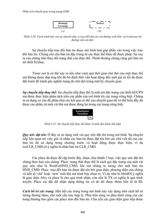 Phân tích chuyển giao trong mạng GSM




Hình 3.20: Cách trình bày của sự chuyển tiếp; a-trao đổi bản tin với đường viền liền, và b-timeout với
                                       đường viền nét đứt.


        Sự chuyển tiếp trao đổi bản tin được mô hình hoá góp phần vào trong việc trao
đổi bản tin. Chúng yêu cầu bản tin đặc trưng từ các thực thể khác để được phép. Sự xảy
ra của chúng làm thay đổi trạng thái của thực thể. Thỉnh thoảng chúng cũng gửi bản tin
tới thiết bị khác.


       Timer out là có thể xảy ra nếu như vượt quá thời gian chờ đợi của một thực thể
mà không được đáp ứng khi đó bộ định thời vẩn hoạt động đến một giá trị tối đa được
đặt trước để tránh gây nghẽn mạng do chờ đợi trong một kỳ chuyển giao.


Sự chuyển tiếp thay thế: Sự chuyển tiếp thay thế là một nét đặc trưng của thiết kế/CPN
mà được thực hiện phân tách trên các phần của mô hình tới các trang riêng biệt. Chúng
ta sử dụng cơ cấu để phân chia các kết quả có thể của chuyển giao để có thể hiểu đầy đủ
được các phần, từ một vài thứ mà được dùng lại trong các trang riêng biệt.




                 Hình 3.21: Sự chuyển tiếp thay thế được tô mầu đen hình chữ nhật


Quy ước đặt tên: Ở đây sẻ sử dụng một vài quy ước đặt tên trong mô hình. Sự chuyển
tiếp liên quan tới việc gửi và nhận các bản tin được đặt tên bởi các chữ viết tắt của các
bản tin đả sử dụng trong chương trước và hoạt động được thực hiện, ví dụ
recCLR_CMD có ý nghĩa là nhận bản tin CLR_CMD.


       Các place đả được đề cập trước đây, được chia thành 3 loại, việc quy ước đặt tên
chúng theo loại của chúng. Place trạng thái thực thể là cách gọi đặc trưng của một vài
quy ước như là WaitForHND_CMD, khi mà chúng ta mong chờ một bản tin
HND_CMD. Place trao đổi bản tin được đặt tên bởi giao diện, phương diện của chúng
và tiền tố ‘old’ hoặc ‘new’ mổi khi mà trình bày chưa rỏ. Ví dụ như là AbisRX ý nghĩa
là giao diện Abis và place là cho quá trình nhận, còn nếu là TX có nghĩa là quá trình
truyền. Place cài đặt dữ nhận dạng thông tin và do đó được thêm tiền tố là ID.

Cách bố trí các trang: Hầu hết các trang trong mô hình này xây dựng trên cách bố trí
tương đương nhau, cho một cấu trúc hợp lý. Phía trên cùng và phía dưới cùng của các
trang thường bao gồm các place trao đổi bản tin. Chủ yếu các giao diện giao tiếp được


                                                 102
 