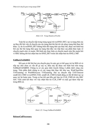 Phân tích chuyển giao trong mạng GSM




                              Hình 3.24: Trang HandoverPosible


       Toàn bộ sự chuyển tiếp trong trang ngoại trừ recHND_DET, tạo ra trạng thái các
sự thay đổi bởi việc di chuyển của các trạng thái thẻ bài tới các place trạng thái thực thể
khác. Lý do là recHND_DET không biến đổi trạng thái của thực thể, được mô hình hoá
bởi các thẻ bài trạng thái quay lại trạng thái đầu vào tiếp theo sau phần thảo luận về
chuyển mạch sớm và muộn. Mô hình này thực hiện cả chuyển mạch sớm lẩn muộn bởi
vì MSC không đòi hỏi nhận bản tin HND_DET trước khi nhận bản tin HND_CMP.


FallBackToOldBSS
       Kết quả có thể thứ hai của chuyển giao là cuộc gọi có thể quay trở lại BSS cũ và
tiếp tục như chưa có vấn đề gì xảy ra, điều này đả được mô hình hoá trên trang
FallBackToOldBSS. Chúng ta có các giao diện truyền thông ở phần dưới cùng của
trang. Trên phần đỉnh chúng ta có các trạng thái thực thể như sau: WaitChanAlloc
T101running và WaitMSAccess T102running. Hai sự chuyển tiếp T101Timeout
sendCLR_CMD và recHND_FAIL sendCLR_CMD là hành động có thể để khởi tạo sự
quay trở lại hoàn toàn. Trong cả hai kết quả đều gửi bản tin CLR_CMD tới cho BSC
mới. Viển cảnh kết thúc vởi việc nhận bản tin CLR_CMP và cuộc gọi đựơc tiếp tục
trong BSS cũ.




                             Hình 3.25: Trang FallBackToOldBSS


ReleaseCallNecessary


                                            106
 