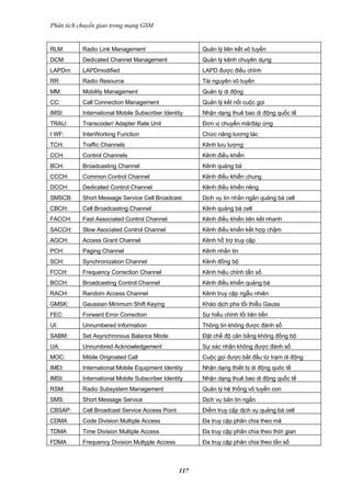 Phân tích chuyển giao trong mạng GSM


RLM:       Radio Link Management                       Quản lý liên kết vô tuyến
DCM:       Dedicated Channel Management                Quản lý kênh chuyên dụng
LAPDm:     LAPDmodified                                LAPD được điều chỉnh
RR:        Radio Resource                              Tài nguyên vô tuyến
MM:        Mobility Management                         Quản lý di động
CC:        Call Connection Management                  Quản lý kết nối cuộc gọi
IMSI:      International Mobile Subscriber Identity    Nhận dạng thuê bao di động quốc tế
TRAU:      Transcoder/ Adapter Rate Unit               Đơn vị chuyển mã/đáp ứng
I WF:      InterWorking Function                       Chức năng tương tác
TCH:       Traffic Channels                            Kênh lưu lượng
CCH:       Control Channels                            Kênh điều khiển
BCH:       Broadcasting Channel                        Kênh quảng bá
CCCH:      Common Control Channel                      Kênh điều khiển chung
DCCH:      Dedicated Control Channel                   Kênh điều khiển riêng
SMSCB:     Short Message Service Cell Broadcast        Dịch vụ tin nhắn ngắn quảng bá cell
CBCH:      Cell Broadcasting Channel                   Kênh quảng bá cell
FACCH:     Fast Associated Control Channel             Kênh điều khiển liên kết nhanh
SACCH:     Slow Asociated Control Channel              Kênh điều khiển kết hợp chậm
AGCH:      Access Grant Channel                        Kênh hổ trợ truy cập
PCH:       Paging Channel                              Kênh nhắn tin
SCH:       Synchronization Channel                     Kênh đồng bộ
FCCH:      Frequency Correction Channel                Kênh hiệu chỉnh tần số
BCCH:      Broadcasting Control Channel                Kênh điều khiển quảng bá
RACH:      Random Access Channel                       Kênh truy cập ngẫu nhiên
GMSK:      Gaussian Minimum Shift Keying               Kháo dịch pha tối thiểu Gauss
FEC:       Forward Error Correction                    Sự hiểu chỉnh lổi tiên tiến
UI:        Unnumbered Information                      Thông tin không được đánh số
SABM:      Set Asynchronous Balance Mode               Đặt chế độ cân bằng không đồng bộ
UA:        Unnumbred Acknowledgement                   Sự xác nhận không được đánh số
MOC:       Mibile Originated Call                      Cuộc gọi được bắt đầu từ trạm di động
IMEI:      International Mobile Equipment Identity     Nhận dạng thiết bị di động quôc tế
IMSI:      International Mobile Subscriber Identity    Nhận dạng thuê bao di động quốc tế
RSM:       Radio Subsystem Management                  Quản lý hệ thống vô tuyến con
SMS:       Short Message Service                       Dịch vụ bản tin ngắn
CBSAP:     Cell Broadcast Service Access Point         Điểm truy cập dịch vụ quảng bá cell
CDMA       Code Division Multiple Access               Đa truy cập phân chia theo mã
TDMA       Time Division Multiple Access               Đa truy cập phân chia theo thời gian
FDMA       Frequency Division Multyple Access          Đa truy cập phân chia theo tần số



                                                 117
 