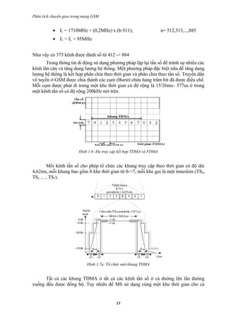 Phân tích chuyển giao trong mạng GSM


           • fL = 1710MHz + (0,2MHz) x (b-511);                       n= 512,513,...,885
           • fU = fL + 95MHz


Như vậy có 375 kênh được đánh số từ 412 -> 884
       Trong thông tin di động sử dụng phương pháp lặp lại tần số để tránh sự nhiểu các
kênh lân cân và tăng dung lượng hệ thống. Một phương pháp đặc biệt nữa để tăng dung
lượng hệ thống là kết hợp phân chia theo thời gian và phân chia theo tần số. Truyền dẩn
vô tuyến ở GSM được chia thành các cụm (Burst) chứa hàng trăm bit đã được điều chế.
Mỗi cụm được phát đi trong một khe thời gian có độ rộng là 15/26ms~ 577us ở trong
một kênh tần số có độ rộng 200kHz nói trên.




                         Hình 1.6: Đa truy cập kết hợp TDMA và FDMA


         Mổi kênh tần số cho phép tổ chức các khung truy cập theo thời gian có độ dài
4,62ms, mỗi khung bao gồm 8 khe thời gian từ 0->7, mỗi khe gọi là một timeslots (TS0,
TS1, ... , TS7).




                             Hình 1.7a: Tổ chức một khung TDMA


      Tất cả các khung TDMA ở tất cả các kênh tần số ở cả đường lên lẩn đường
xuống đều được đồng bộ. Tuy nhiên để MS sử dụng cùng một khe thời gian cho cả


                                            13
 