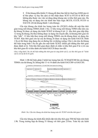 Phân tích chuyển giao trong mạng GSM


             Ở đa khung điều khiển 51 khung để đảm bảo bất kỳ thuê bao GSM nào (ở
            tế bào phục vụ hay lân cận) có thể nhận được SCH và FCCH từ BCH mà
            không phụ thuộc vào việc nó đang dùng khung nào và khe thời gian nào. Đa
            khung này sử dụng cho các kênh báo hiệu logic BCCH, CCCH, FCCH và
            SACCH. (26 đa khung thành 1 siêu khung).
       Cấu trúc khung cho kênh lưu lượng toàn tốc (TCH/F) chiếm dữ một khe thời
gian trong mỗi khung TDMA (hình 1.9a). 12 khe trong mỗi khung TDMA đầu tiên của
đa khung 26 được sử dụng cho kênh TCH/F từ khung 0 tới 11. khe thời gian tiếp (khe
12 trong đa khung 26) theo không được sử dụng cho truyền dẫn, là khoảng thời gian rổi
khe “idle”. 12 khe tiếp theo trong mỗi khung TDMA của đa khung được sử dụng cho
TCH/F. Khe thời gian còn lại của đa khung 26 được sử dụng cho kênh SACCH. Hình
1.9a có thể được ứng dụng cho cả đường lên và đường xuống. Chú ý cấu trúc đa khung
thể hiện trong hình 1.9a chỉ gắn cho một kênh TCH/F chiếm giữ những khe thời gian
được đánh số lẻ. Trên khe thời gian được đánh số chẵn và khe thời gian 0 là vị trí của
khe thời gian rỗi và khe dành cho kênh SACCH được trao đổi.
Chú ý rằng hình 2.9a chỉ thể hiện những khe thời gian từ cùng kênh vật lý, các khe thời gian từ 7 kênh
vật lý còn lại đả bị bỏ quên.


    Hình 1.10b thể hiện ghép 2 kênh lưu lượng bán tốc TCH1&TCH0 lên các khung
TDMA của đa khung 26, khung thứ 13 và 16 dành cho kênh SACCH0 và SACCH1.




          Hình 1.9a: Cấu trúc khung cho kênh lưu lượng toàn tốc TCH/F trên khe thời gian 1


       Cấu trúc khung cho kênh điều khiển đặt trên khe thời gian TS0 thể hiện trên hình
1.9b. Trong trường hợp đa khung 51 khung với thời gian 235ms. Toàn bộ các kênh



                                                 16
 
