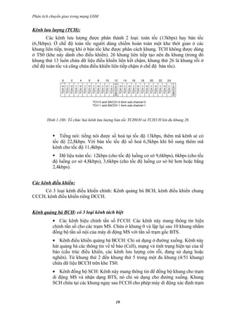 Phân tích chuyển giao trong mạng GSM


Kênh lưu lượng (TCH):
       Các kênh lưu lượng được phân thành 2 loại: toàn tốc (13kbps) hay bán tốc
(6,5kbps). Ở chế độ toàn tốc người dùng chiếm hoàn toàn một khe thời gian ở các
khung liên tiếp, trong khi ở bán tốc khe được phân cách khung. TCH không được dùng
ở TS0 (khe này dành cho điều khiển). 26 khung liên tiếp tạo nên đa khung (trong đó
khung thứ 13 luôn chứa dữ liệu điều khiển liên kết chậm, khung thứ 26 là khung rỗi ở
chế độ toàn tốc và cũng chứa điều khiển liên tiếp chậm ở chế độ bán tốc).




        Hình 1.10b: Tổ chức hai kênh lưu lượng bán tốc TCH0/H và TCH1/H lên đa khung 26


            Tiếng nói: tiếng nói được số hoá tại tốc độ 13kbps, thêm mã kênh sẻ có
           tốc độ 22,8kbps. Với bán tốc tốc độ số hoá 6,5kbps khi bổ sung thêm mã
           kênh cho tốc độ 11,4kbps.
            Dữ liệu toàn tốc: 12kbps (cho tốc độ luồng cơ sở 9,6kbps), 6kbps (cho tốc
           độ luồng cơ sở 4,8kbps), 3,6kbps (cho tốc độ luồng cơ sở bé hơn hoặc bằng
           2,4kbps).


Các kênh điều khiển:
    Có 3 loại kênh điều khiển chính: Kênh quảng bá BCH, kênh điều khiển chung
CCCH, kênh điểu khiển riêng DCCH.


Kênh quảng bá BCH: có 3 loại kênh tách biệt
           • Các kênh hiệu chỉnh tần số FCCH: Các kênh này mang thông tin hiệu
           chỉnh tần số cho các trạm MS. Chứa ở khung 0 và lặp lại sau 10 khung nhằm
           đồng bộ tần số nội của máy di động MS với tần số trạm gốc BTS.
           • Kênh điểu khiển quảng bá BCCH: Chỉ sử dụng ở đường xuống. Kênh này
           hát quảng bá các thông tin về tế bào (Cell), mạng và tình trạng hiện tại của tế
           bào (cấu trúc điều khiển, các kênh lưu lượng còn rỗi, đang sử dụng hoặc
           nghẽn). Từ khung thứ 2 đến khung thứ 5 trong một đa khung (4/51 khung)
           chứa dữ liệu BCCH trên khe TS0.
           • Kênh đồng bộ SCH: Kênh này mang thông tin để đồng bộ khung cho trạm
           di động MS và nhận dạng BTS, nó chỉ sử dụng cho đường xuống. Khung
           SCH chứa tại các khung ngay sau FCCH cho phép máy di động xác định trạm


                                              19
 