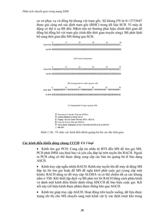 Phân tích chuyển giao trong mạng GSM


           cơ sở phục vụ và đồng bộ khung với trạm gốc. Số khung FN từ 0->2715647
           được gửi cùng mã xác định trạm gốc (BSIC) trong dữ liệu SCH. Vì máy di
           động có thể ở xa BS đến 30Km nên nó thường phải hiệu chỉnh thời gian để
           đồng bộ đồng hồ với trạm gốc (tính đến thời gian truyền sóng). BS phát lệnh
           bổ sung thời gian đến MS thông qua SCH.




              Hình 1.10c: Tổ chức các kênh điều khiển quảng bá lên các khe thời gian


Các kênh điều khiển dùng chung CCCH: Có 3 loại
           • Kênh tìm gọi PCH: Cung cấp tin nhắn từ BTS đến MS để tìm gọi MS,
           PCH phát IMSI của thuê bao và yêu cầu đáp lại trên tuyến lên RACH. Ngoài
           ra PCH cũng có thể được dùng cung cấp các bản tin quảng bá tế bào dạng
           ASCII.
           • Kênh truy cập ngẫu nhiên RACH: Kênh này tuyến lên để máy di động MS
           đáp lại lời tìm gọi hoặc để MS đề nghị khởi phát cuộc gọi (cung cấp một
           kênh). RACH dùng sơ đồ truy cập ALOHA và có thể chiếm tất cả các khung
           nằm ở TS0. Khi thiết lập dịch vụ BS phải trả lời RACH bằng cách phân kênh
           và dành một kênh điều khiển dành riêng SDCCH để báo hiệu cuộc gọi. Kết
           nối này (số hiệu kênh được phân) được thông báo qua AGCH.
           • Kênh trợ giúp truy cập AGCH: Hoạt động trên tuyến xuống, dữ liệu được
           mang chỉ thị cho MS chuyển sang một kênh vật lý xác định (một khe trong



                                               20
 